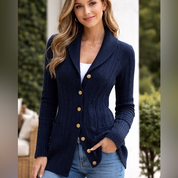 Brooks Brothers Sweaters - Brooks Brothers Navy Cable Knit Shawl Collar Cardigan Gold Buttons M